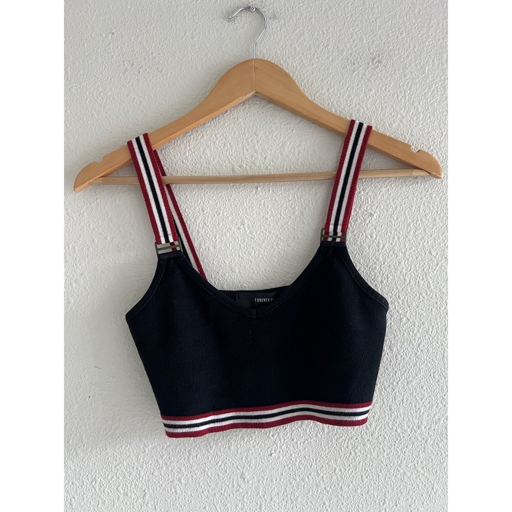 Forever 21 Sports Crop Top Sz Small Black Striped Band Athleisure Ribbed